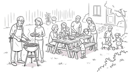 Obraz premium Happy family having a backyard barbecue party, cooking food on the grill and eating together at a picnic table, line art illustration