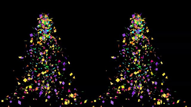 Colorful paper confetti dual fountain explosion from two bottom corners on black background for celebratory video overlay