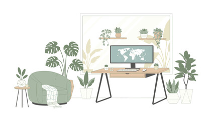 Fototapeta premium Modern home office interior featuring a cozy armchair, lush indoor plants, and a wooden desk setup with a computer for professional work.