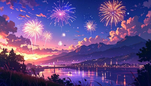 fireworks over a lake at sunset, anime-style landscape