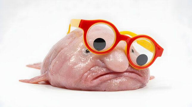 A funny blobfish wearing bright red and yellow glasses against a white background.