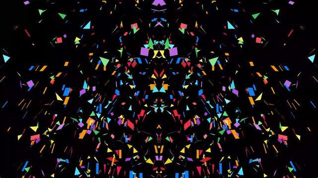 Colorful symmetrical confetti arch explosion on black background with rainbow geometric shapes festive motion overlay