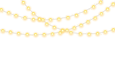 Fototapeta premium Glowing Christmas string lights garland with warm festive illumination isolated on transparent background for happy new year holiday celebration decoration