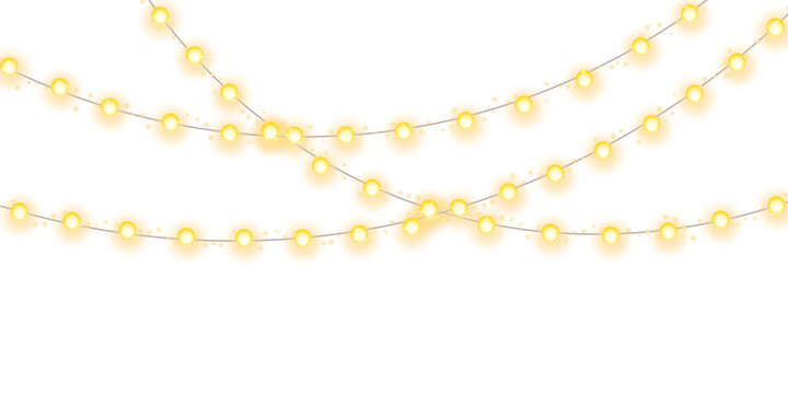 Glowing Christmas string lights garland with warm festive illumination isolated on transparent background for happy new year holiday celebration decoration