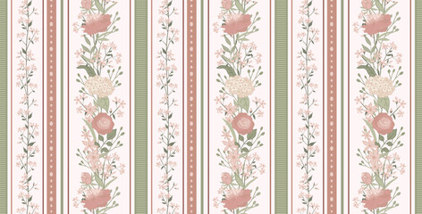 Seamless vector pattern featuring elegant vertical floral stripes with blush pink blooms, sage green accents and decorative bands. Grandmillennial inspired design for wallpaper, fabric, decor. © Natalya