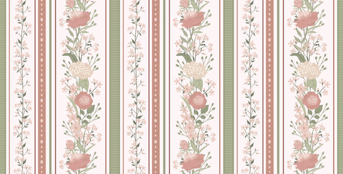 Seamless vector pattern featuring elegant vertical floral stripes with blush pink blooms, sage green accents and decorative bands. Grandmillennial inspired design for wallpaper, fabric, decor.