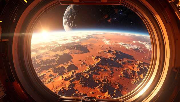 View from spacecraft window of alien planet surface with glowing cities, orbiting moon and bright sun, outer space exploration