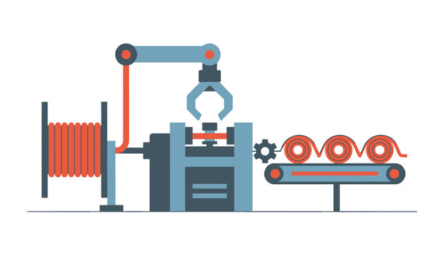 Industrial robotic arm efficiently winds electrical wire onto reels within an automated manufacturing facility setting for high production.