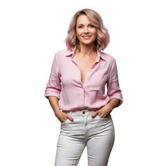 Obraz premium Happy middle aged woman wearing a pink shirt and white jeans standing