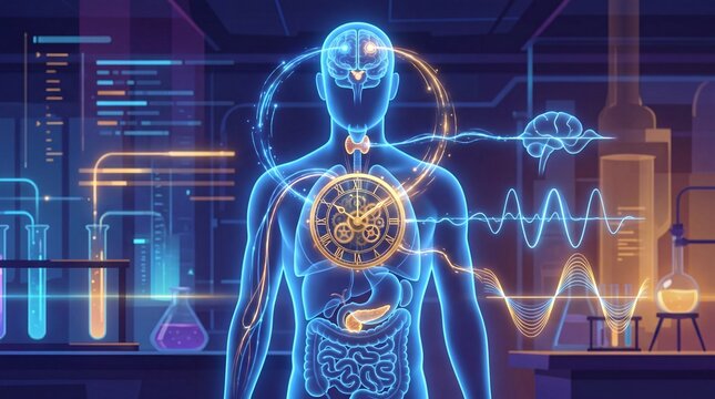 Futuristic circadian rhythm medical illustration, human biological clock and internal anatomy visualization, digital health data interface in laboratory