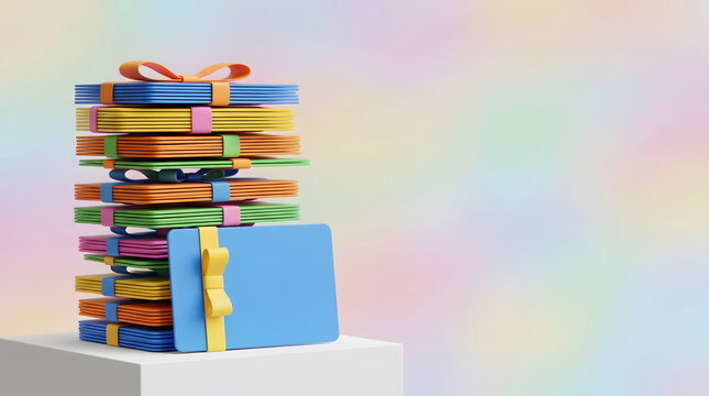 Colorful stacked cards arranged as a gift box decoration with ribbons on white pedestal