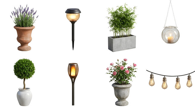 Set of garden plants and outdoor lighting fixtures isolated on transparent background