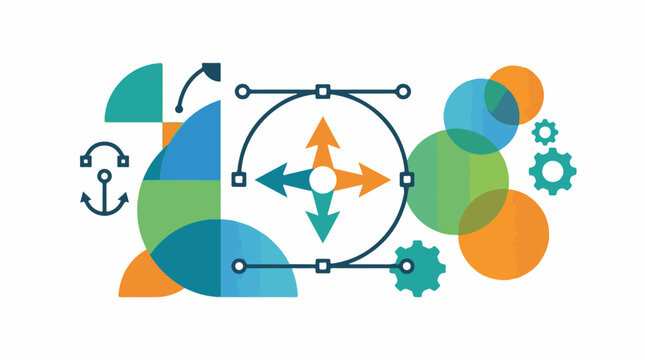 Infographic with colorful pie charts arrows gears on white