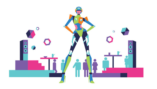 Stylish futuristic female robot standing with confidence at a vibrant party event surrounded by people and abstract geometric shapes.