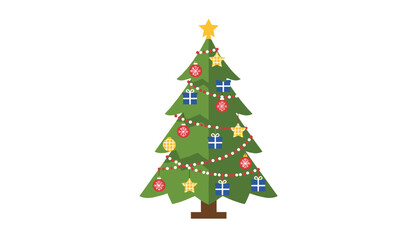 Fototapeta premium Beautifully decorated Christmas tree featuring colorful ornaments, hanging stars, glowing lights, and gift boxes for a holiday celebration.