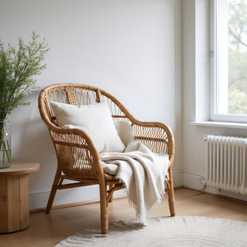 Cozy emoty ratten chair sits by window with a plant and blanket in a light room during daytime