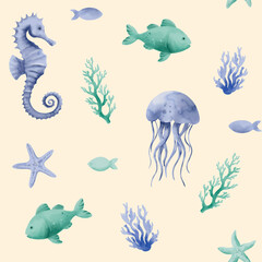 Seamless Watercolor Marine Pattern with silhouette of Fish, Starfish, jellyfish and seahorse on a light Background © Olha