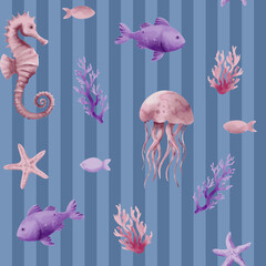 Seamless Watercolor Marine Pattern with silhouette of Fish, Starfish, jellyfish and seahorse on a Striped Background © Olha