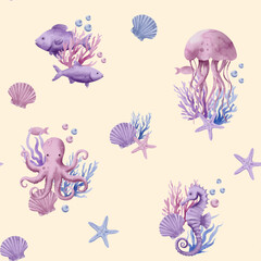 Obraz premium Seamless Watercolor Marine Pattern with silhouette of Fish, Starfish, jellyfish, octopus and seahorse on a light Background