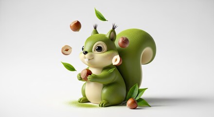 Fototapeta premium Cute Green Squirrel Holding Hazelnut, Matcha Powder and Leaves