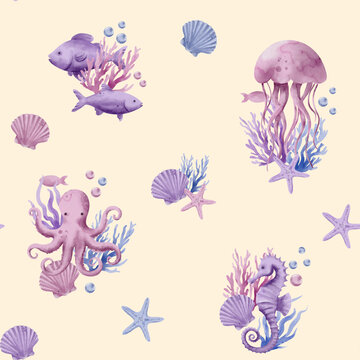 Seamless Watercolor Marine Pattern with silhouette of Fish, Starfish, jellyfish, octopus and seahorse on a light  Background