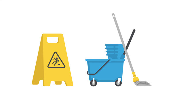 Yellow wet floor caution sign and a blue mobile mop bucket for cleaning floors placed on a clean plain white background.