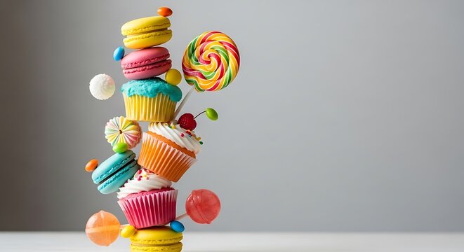 Colorful stack of sweet cupcakes, macarons and lollipops on gray background