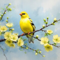 Fototapeta premium A beautiful colorful tit bird with blue and yellow feathers perches on a green tree branch in the wild spring nature