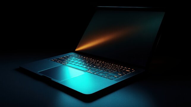 High-tech laptop featuring dynamic blue keyboard illumination on reflective black surface for cutting-edge tech marketing.