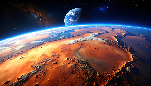 View of alien planet surface with continents and ice caps, orbiting second planet and starfield background, digital art