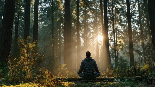 A person meditates peacefully in a sunlit forest, surrounded by tall trees and lush greenery. Morning sunlight filters through the woods, creating a tranquil and serene atmosphere