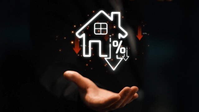 Concept of Real Estate Market Trends Represented by House Icon with Percentage and Declining Arrow Visual in a Business Setting Sigmoid