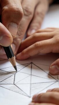 Vertical video: Pencil touching adult guiding kid's hand teaching geometric shading on home desk