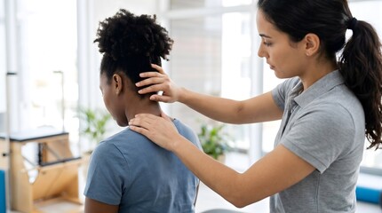 Fototapeta premium Female physical therapist examining female patient neck for posture correction