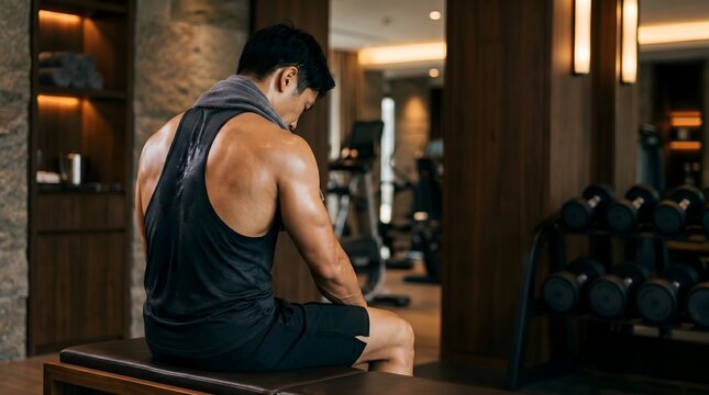 Sweaty muscular man resting on bench after heavy weight lifting in luxury gym