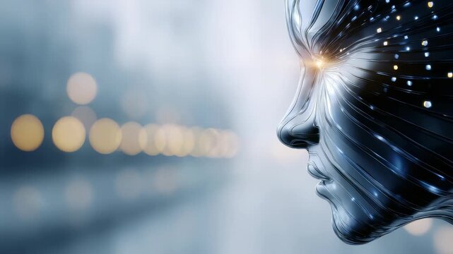Futuristic artificial intelligence concept featuring a digital human face with glowing eyes and metallic textures. Advanced technology and machine learning innovation in a cybernetic world