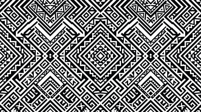 Tribal ethnic seamless pattern, black and white geometric shapes, traditional folk ornament background vector.