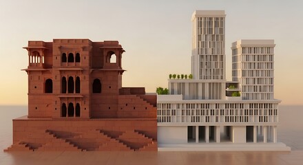 Fototapeta premium Traditional Indian palace and modern skyscraper architectural contrast