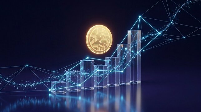 Floating golden digital currency coin with a circuit pattern above a rising glass bar chart and glowing data network lines on a dark background