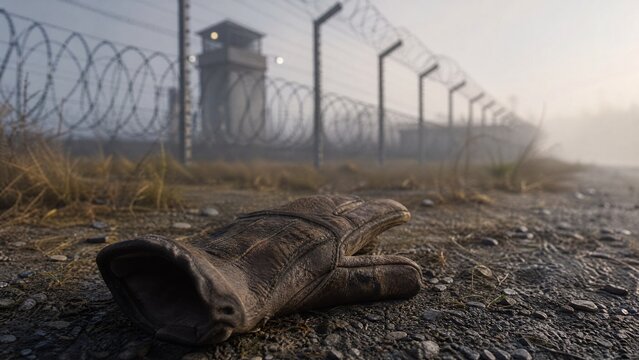 A single worn leather glove discarded outside a prison fence in morning mist.