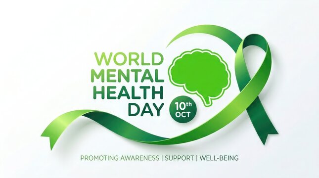 World mental health day awareness poster with green ribbon and brain symbol