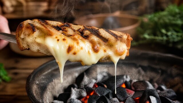 Melted cheese dripping from bread on a grill with steam rising.