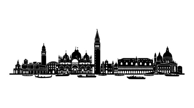 Venice Skyline Silhouette - Italian Landmark Architecture with Gondolas