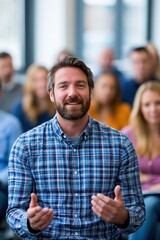 Obraz premium Male presenter leading employee training session in modern office classroom