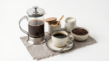 Fototapeta premium French press coffee maker with ceramic mug, rustic breakfast set on linen napkin, artisanal coffee brewing equipment on white background