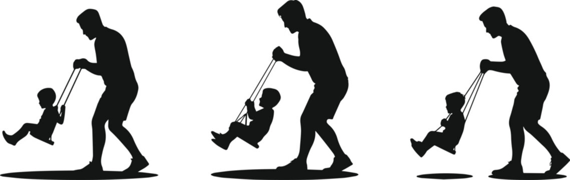 Minimalist black father pushing child on swing family playground silhouette vector icon set