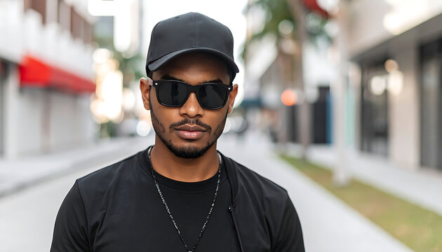 Urban man wearing a black baseball cap and sunglasses, looking directly at camera with a serious expression on a city street, shallow depth of field