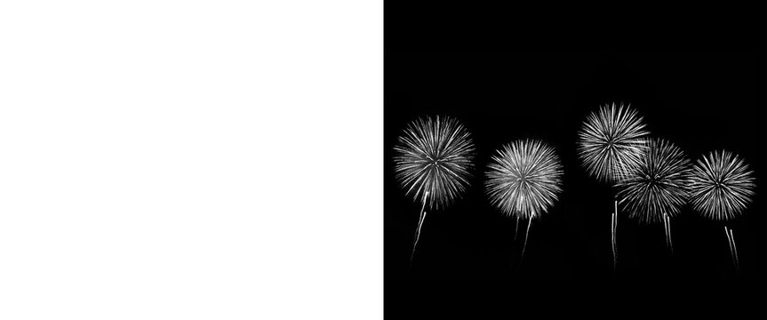 Monochrome fireworks display on black background, minimalist black and white pyrotechnics, dark night sky with bright firework bursts