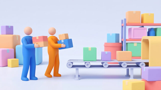 3D illustration of warehouse workers sorting and carrying packages on conveyor belt