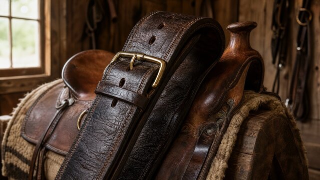 Leather horse girth draped over a wooden saddle, brass buckle gleaming.